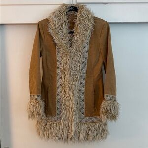 Vintage Tan Suede Coat with Faux Fur - Modern Small